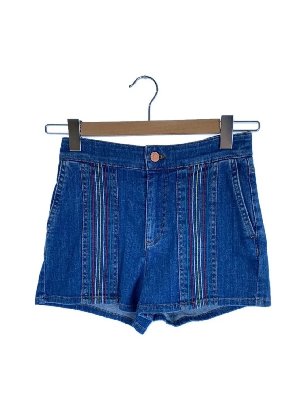 High-Rise Blue Denim Shorts with Side Embroidered Trim - Picture 4 of 4